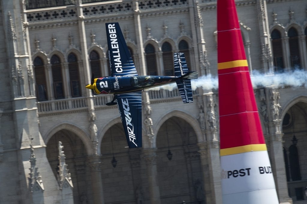 Mikael Brageot of Spain performs during the Challenger Cup of the fourth stage of the Red Bull Air Race World Championship in Budapest, Hungary on July 5, 2015.